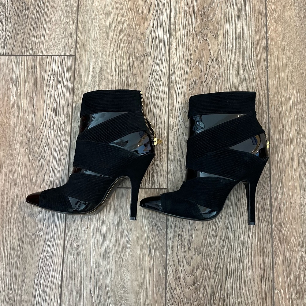 Charles Jourdan “Cecil Patent Leather-Suede Ankle Boot”